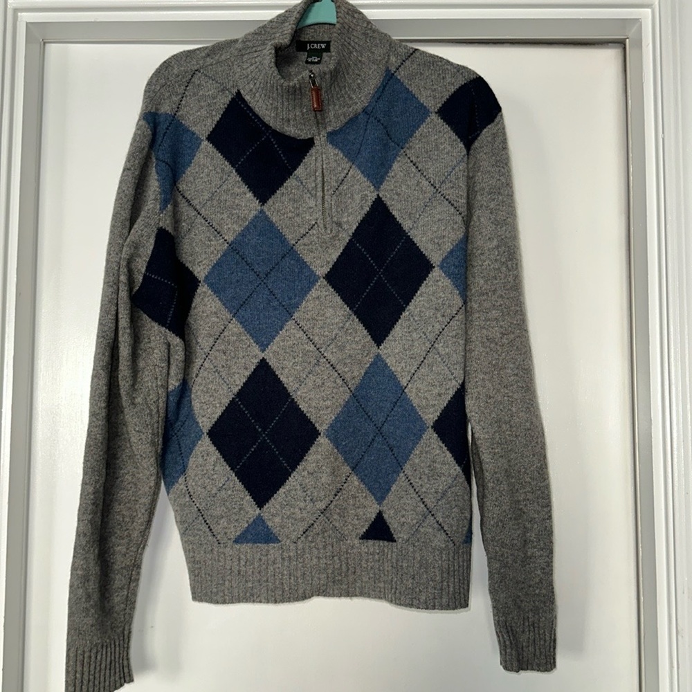 J Crew Mens Large Gray Navy Argyle Diamond Lambswool Sweater